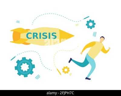 Illustration plate du concept de crise avec un homme d'affaires chassé par une fusée. Illustration simple et plate de bleu et jaune. Concepts commerciaux. Illustration de Vecteur