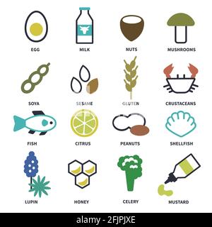 Grand ensemble d'icônes avec les principaux allergènes dans les aliments Illustration de Vecteur