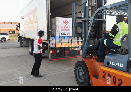 Gaborone, Botswana. 25 avril 2021. Des membres du personnel transportent des vaccins Sinovac COVID-19 donnés en Chine à l'aéroport international Sir Seretse Khama de Gaborone, au Botswana, le 25 avril 2021. Credit: Tshekiso Tebalo/Xinhua/Alay Live News Banque D'Images