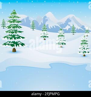 Illustration vectorielle du paysage de montagne d'hiver avec des sapins et lac gelé Illustration de Vecteur