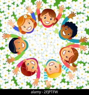 Multiculturel des enfants dans un cercle dans les fleurs avec des visages heureux tirer de dessus les mains de levage au-dessus. Illustration de la carte de vœux Happy Friendship Day Illustration de Vecteur