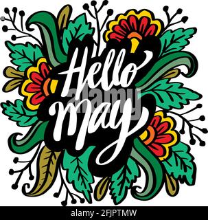 Carte de vœux Hello May. Lettrage à la main. Banque D'Images