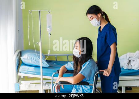 Jeune infirmière asiatique en uniforme portant un masque chirurgical prenant soin de patiente dépressive et triste dans le masque pour la sécurité assise en fauteuil roulant dans la chambre d'hôpital Banque D'Images