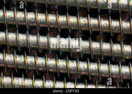 Vis à tôle en laiton doré galvanisées avec fond de fond de macro ornemental à doublure teintée, parallèle diagonal, simultanément diag, ensemble Banque D'Images
