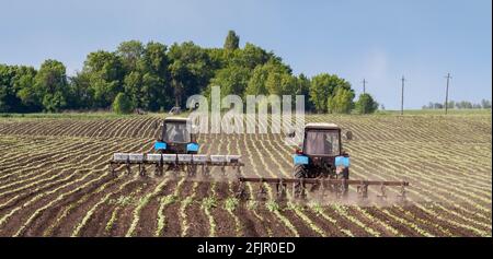 travail dans les champs en agriculture. le tracteur de l'agriculteur cultive le champ après la plantation de semences. le tracteur et le semoir plantent des récoltes dans un champ. Banque D'Images