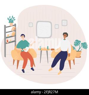 Un présentateur masculin pose une question à une célébrité célèbre lors d'une émission télévisée. Le célèbre homme-star donne un entretien à un présentateur de télévision dans un studio de radiodiffusion. Interview Internet Illustration de Vecteur