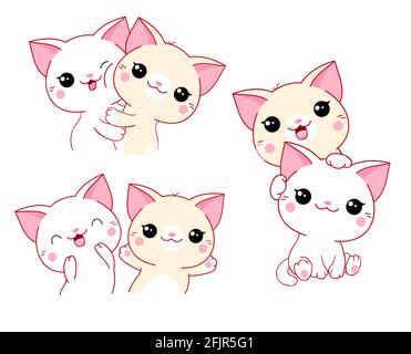 Ensemble de chats kawaii. Deux petits amis adorables s'embrasent et jouent. Illustration vectorielle EPS8 Illustration de Vecteur