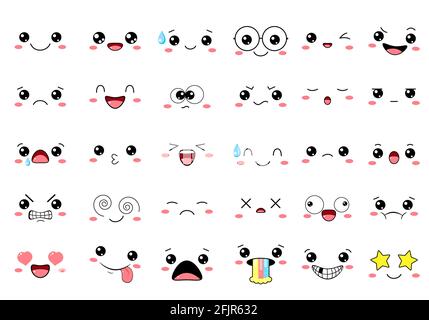 Collection d'émoticônes kawaii avec différentes humeur. Ensemble de visages émoji mignon de dessin animé dans différentes expressions - heureux, triste, pleurer, peur, fou. Sur blanc Illustration de Vecteur