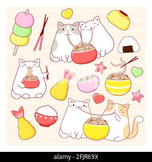 Couple de chats gras mignons mangent des nouilles ramen. Jeu de caractères kawaii. Illustration vectorielle EPS8 Illustration de Vecteur