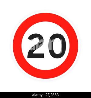 Limite de vitesse 20 route ronde icône signe plate design vectoriel illustration isolée sur fond blanc. Entourez le numéro du panneau de signalisation routière standard Illustration de Vecteur