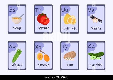 Lettre S, T, U, V, W, alphabet coloré X, y, Z - soupe, tomate, ugli, Vanille, wasabi, ximenia, yam zucchini cartes à thème de nourriture pour l'enseignement avec les aliments légumes fruits noix Illustration de Vecteur