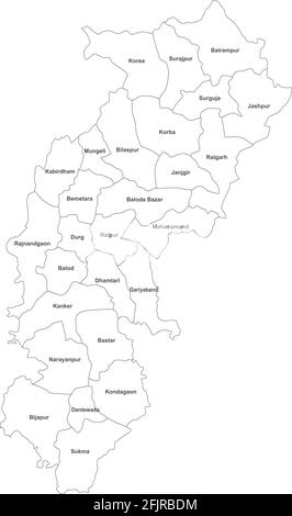 Carte des districts de Chhattisgarh avec des noms. Cartes de l'État indien. Arrière-plan blanc. Illustration de Vecteur