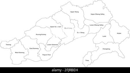 Carte des districts de l'Arunachal pradesh avec des noms. Arrière-plan blanc. Illustration de Vecteur