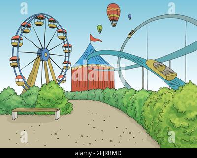 Parc d'attractions paysage graphique couleur esquisse illustration vecteur Illustration de Vecteur