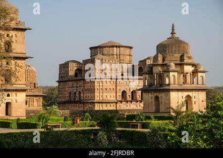 Chhatris, monuments funéraires dédiés à la royauté du XVIe et XVIIe siècle à Orcha, Madhya Pradesh, Inde. Banque D'Images