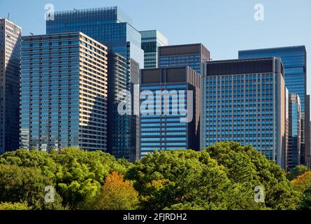 Gratte-ciels du quartier commercial et financier de Marunouchi, vue depuis les jardins du Palais impérial. Tokyo. Japon Banque D'Images