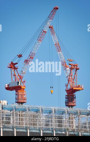 Vue sur les deux grues renouvelant le toit du gratte-ciel dans le quartier Marunouchi de Tokyo. Japon Banque D'Images