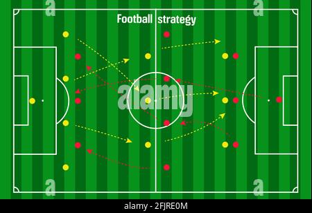 programme de stratégie de foot ou de football, épingles rouges et jaunes avec flèches sur fond vert du stade avec lignes de disposition de jeu blanches Illustration de Vecteur