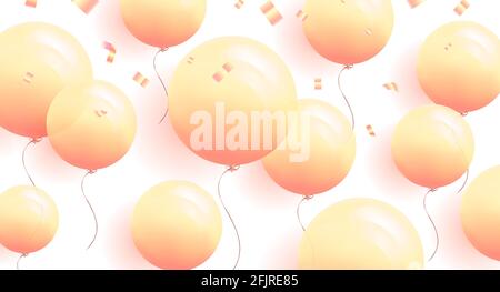 Fond festif avec ballons 3d ronds à l'hélium dans des couleurs jaune pastel avec confetti. Fêtez un anniversaire, affiche, bannière heureux anniversaire backdro Illustration de Vecteur