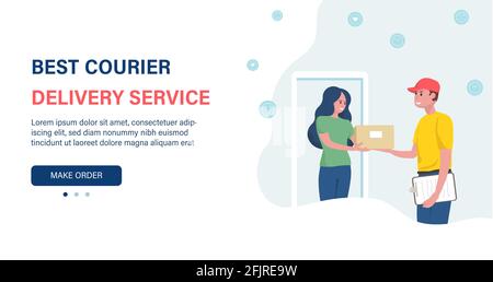 La femme reçoit le colis. Service de livraison. Coursier avec le colis. Modèle de diapositive de présentation ou conception du site Web de la page d'arrivée. Illustration de Vecteur