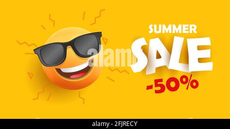 bannière de soldes d'été avec soleil souriant avec visage dans des lunettes de soleil avec texte d'autocollant en papier et remise, graphique 3d moderne Illustration de Vecteur