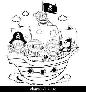 Pirate enfants, garçons et filles naviguant sur un bateau pirate dans la mer. Mignons enfants pirates de dessins animés sur un bateau dans l'océan. Coloriage noir et blanc. Banque D'Images
