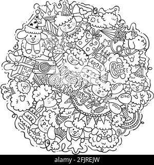 Page de coloriage de mouton joyeux anniversaire rond Doodle Banque D'Images