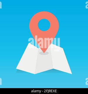 Carte pliée avec une broche d'emplacement. Concept de pointeur, déplacement, position. Illustration vectorielle, conception plate Illustration de Vecteur