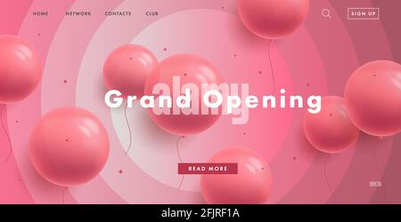 Page d'accueil de la promotion de la bannière Web pour filles roses pour la boutique de bonbons grande ouverture avec ballons ronds roses et interface sur rose arrière-plan entouré Illustration de Vecteur