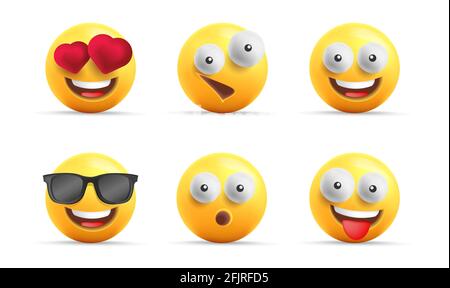 Smiley visage icônes 3d ou émoticônes jaunes avec des expressions heureuses, des personnages sphériques riant, dans l'amour et cool dans les lunettes de soleil Illustration de Vecteur