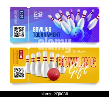 Jeu de billets d'entrée pour un tournoi ou bon cadeau pour un événement de bowling avec une illustration des quilles frappe bay ball et se tenir en perspective Illustration de Vecteur