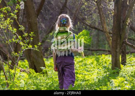 Adorable petite fille randonnée dans la forêt au printemps jour Banque D'Images