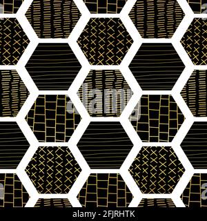 Motif vectoriel géométrique sans couture abstrait hexagonal. Arrière-plan répété avec texture de feuille d'or formes hexagonales noir sur blanc dessinées à la main isolées Illustration de Vecteur