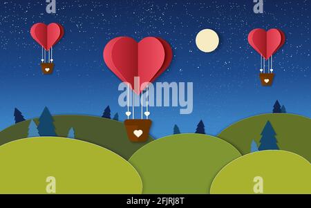 Papier d'art avec des ballons d'air chaud rouges, volant dans le ciel de nuit au-dessus de la forêt et des champs. Origami, anniversaire, concept de la Saint-Valentin, art vectoriel et Illustration de Vecteur