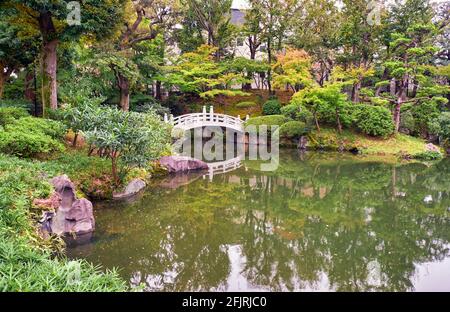 Pont d'arche blanc au-dessus de l'étang au centre de l'ancien jardin Yasuda (Kyu-yasuda Teien), un petit jardin de promenade japonais situé à Ryogoku. Tokyo. Japon Banque D'Images
