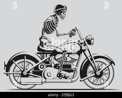 Silhouette Vintage Skeleton Biker Riding Motorcycle Retro Chopper Illustration de Vecteur