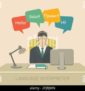 interprète avec bulles de parole dans différentes langues. Illustration de Vecteur