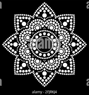 Vecteur de peinture à points mandala ethnique, dessin traditionnel aborigène de peinture à points, décoration ethnique florale de l'Australie en blanc sur fond noir Illustration de Vecteur