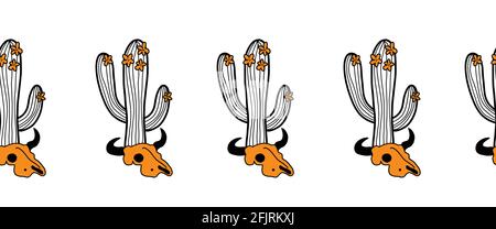 Bordure vectorielle sans couture de l'Ouest sauvage avec crâne de taureau de vache cactus. Motif horizontal répété boho ethnique élément de décoration amérindienne. Bohémien Illustration de Vecteur