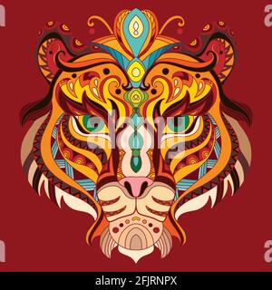 Tête de tigre avec des éléments d'angle et de dentisté. Illustration vectorielle abstraite colorée isolée sur fond rouge. Pour le design, l'impression, le décor, le tatouage, Illustration de Vecteur