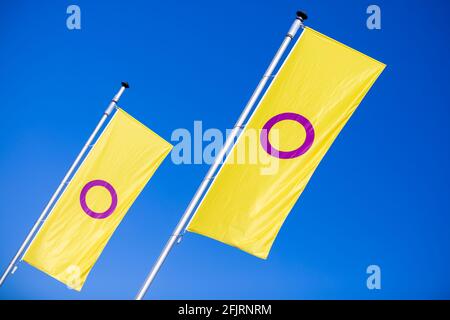 Hanovre, Allemagne. 26 avril 2021. Les drapeaux Inter* Pride sont suspendus devant la nouvelle mairie. La ville de Hanovre lance une campagne d'affiches pour accroître la visibilité des personnes intersexuées à Hanovre et en Basse-Saxe. Credit: Moritz Frankenberg/dpa/Alay Live News Banque D'Images