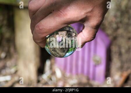 Porte rose conte de fées dans une boule de verre. Banque D'Images