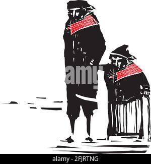 Image de style expressionniste de coupe de bois d'un homme marchant avec son mère Illustration de Vecteur
