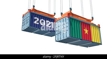 Commerce 2021. Conteneur de fret avec drapeau camerounais. Rendu 3D Banque D'Images