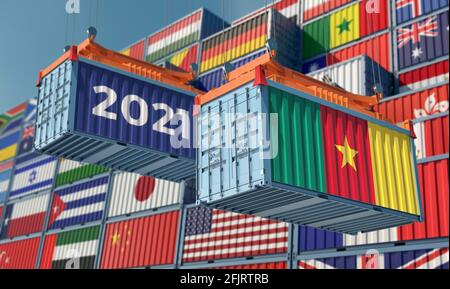 Commerce 2021. Conteneur de fret avec drapeau camerounais. Rendu 3D Banque D'Images