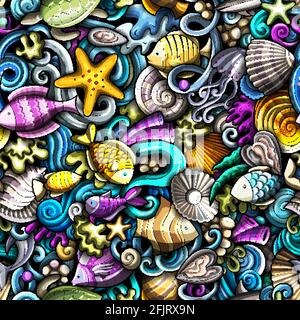 Motif de dessin animé sans couture Sea Life. Toile de fond avec symboles et objets sous-marins. Arrière-plan coloré et détaillé pour un imprimé sur le tissu, le textile et le phon Illustration de Vecteur
