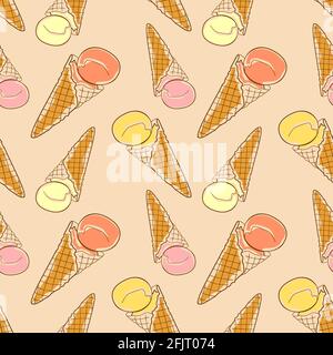 Glace crème dans un cône de gaufrier sans couture motif main dessin illustration vectorielle des contours et des couleurs Illustration de Vecteur