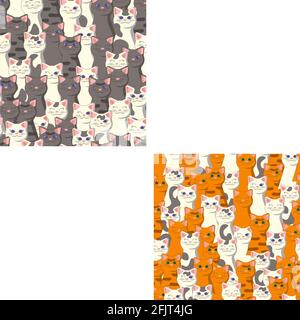 Ensemble de motifs sans couture animés avec des chats blancs, gingembre, gris, dépouillés, tabby et tacheté Illustration de Vecteur