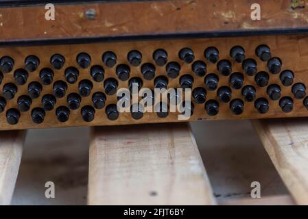 Ancien et petit accordéon basse 120 pour les étudiants. Instrument de musique. Instrument de soufflage et soufflets. Accordéon pour école de musique. Concertina utilisée et dans Banque D'Images