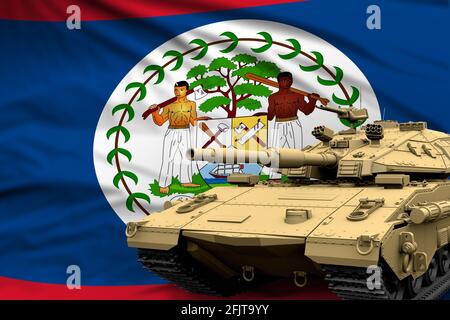 Réservoir lourd avec conception fictive sur fond de drapeau de Belize - concept moderne des forces armées de chars, militaire 3D Illustration Banque D'Images